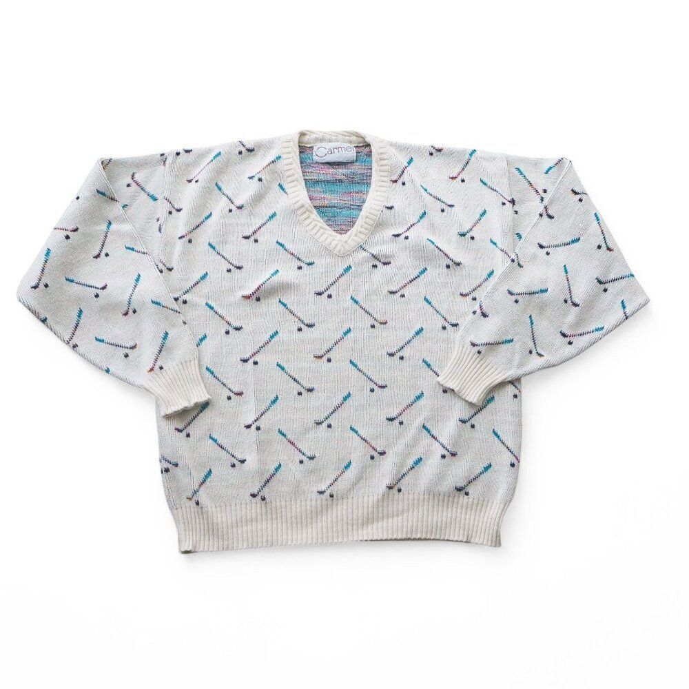 Carmel Vintage 90s Knitted 100% Cotton Golf Sweater Made in the‎ USA Unisex L